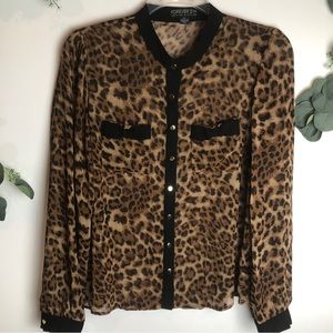 Forever 21+ Plus Top Women XL Sheer Blouse Animal Leopard Bow Pockets Cheetah
